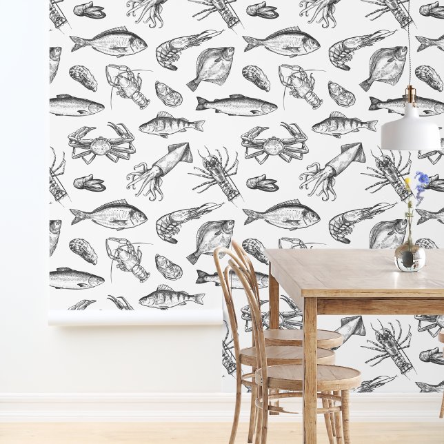 Nautic Black & White Seafood Pattern Küche Tapete (Nautical Black & White Seafood Pattern Kitchen Wallpaper
)