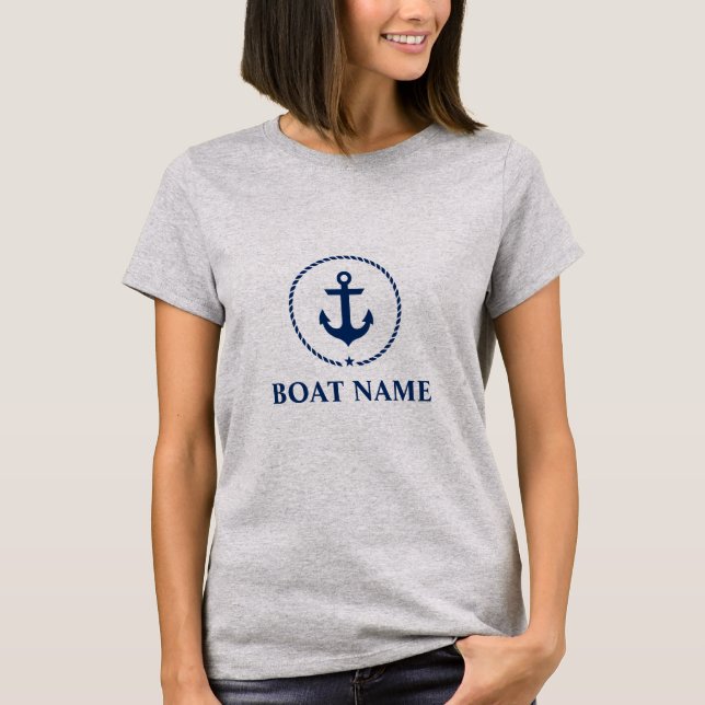 Nautic Blue Anchor Boat Name T - Shirt W Grau (Vorderseite)