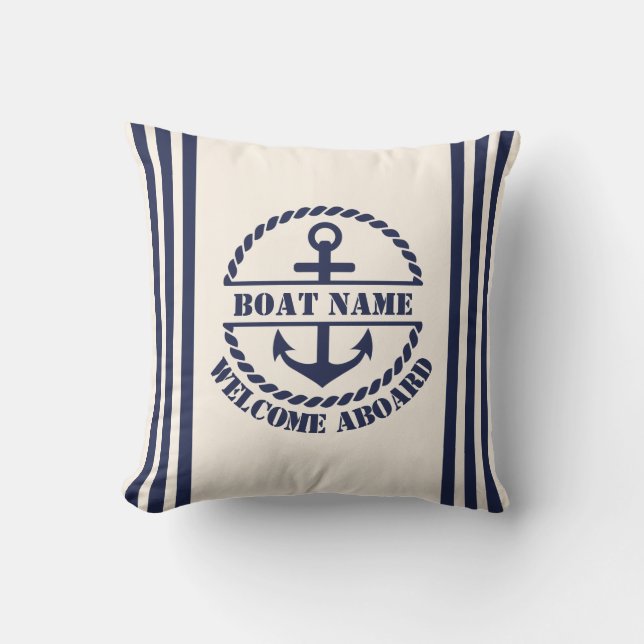 Nautic Blue Anchor Custom Boat Name Throw Pillow Kissen (Vorderseite)