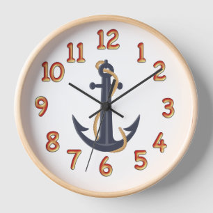Nautic Blue Anchor Wall Clock Natural Wood Frame Uhr