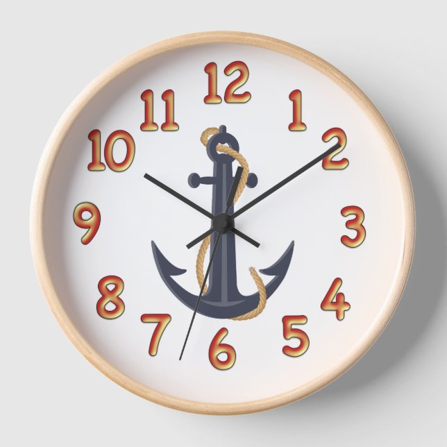 Nautic Blue Anchor Wall Clock Natural Wood Frame Uhr (Vorderseite)