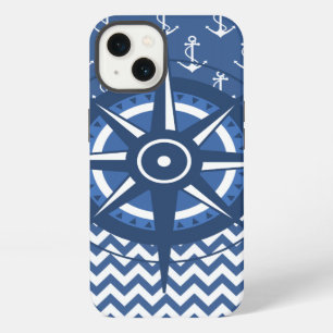 Nautic Blue and White Anchor und Zickzack Muster iPhone 13 Hülle