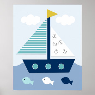 Nautic Blue Aquamarin Grau Sailboat Kinderzimmer P Poster
