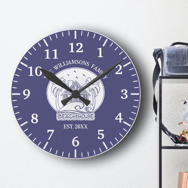 Nautic Blue Beach House White Family Name Summer Runde Wanduhr (Von Creator hochgeladen)