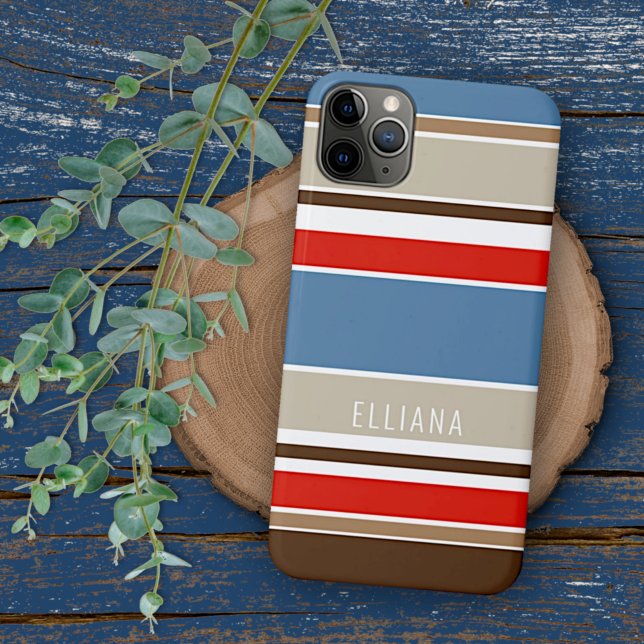 Nautic Blue Beige Brown Dark Red White Stripes iPhone Hülle (Von Creator hochgeladen)