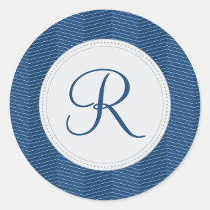 Nautic Blue Monogram Thin Zickzack Pattern Runder Aufkleber