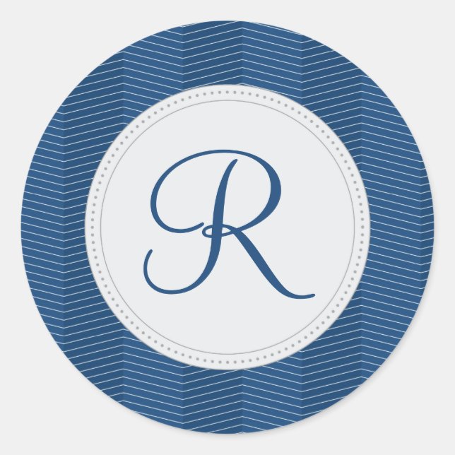 Nautic Blue Monogram Thin Zickzack Pattern Runder Aufkleber (Vorderseite)