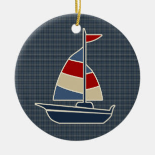 Nautic Blue, Red, Cream Sailboat Custom Keramikornament