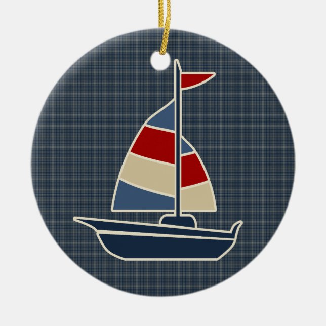 Nautic Blue, Red, Cream Sailboat Custom Keramikornament (Vorne)
