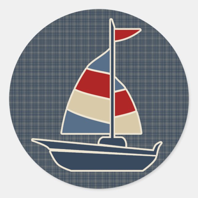 Nautic Blue, Red, Cream Sailboat Custom Runder Aufkleber (Vorderseite)