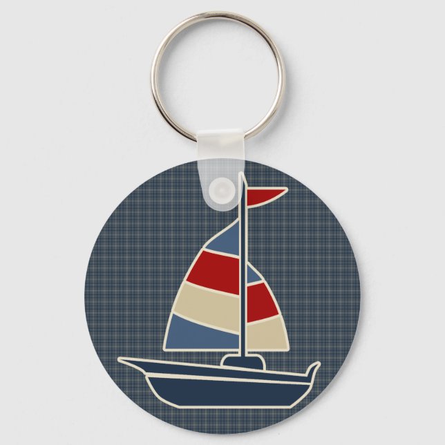 Nautic Blue, Red, Cream Sailboat Custom Schlüsselanhänger (Vorderseite)