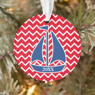Nautic Blue Sailboat Custom Zickzack Muster Ornament