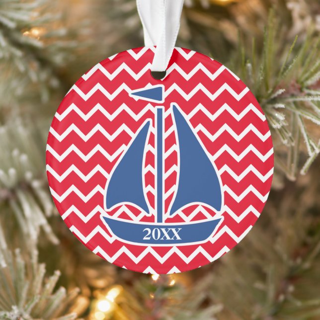 Nautic Blue Sailboat Custom Zickzack Muster Ornament (Baum)