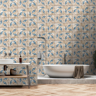 Nautic Blue Seashells Sand Tan Imitate Tile Tapete