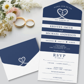 Nautic Blue Striped Rope Heart Anchor Hochzeit All In One Einladung
