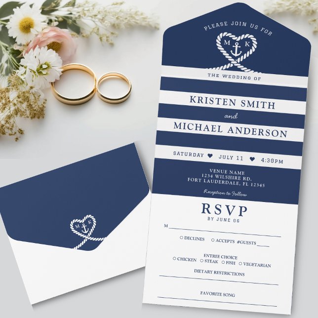 Nautic Blue Striped Rope Heart Anchor Hochzeit All In One Einladung (Nautical Blue Striped Rope Heart Anchor Wedding All In One Invitation)