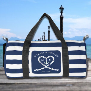 Nautic Blue Striped Rope Heart Anchor Hochzeit Duffle Bag