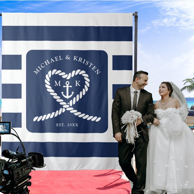 Nautic Blue Striped Rope Heart Anchor Hochzeit Wandteppich (Nautical Blue Striped Rope Heart Anchor Wedding Tapestry)