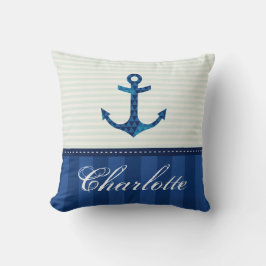 Nautic Blue Stripes Muster Anker Individuelle Name Kissen