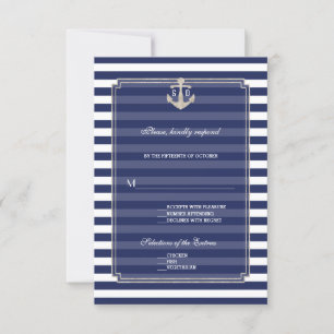 Nautic Blue Stripes Silver Anchor Wedding RSVP