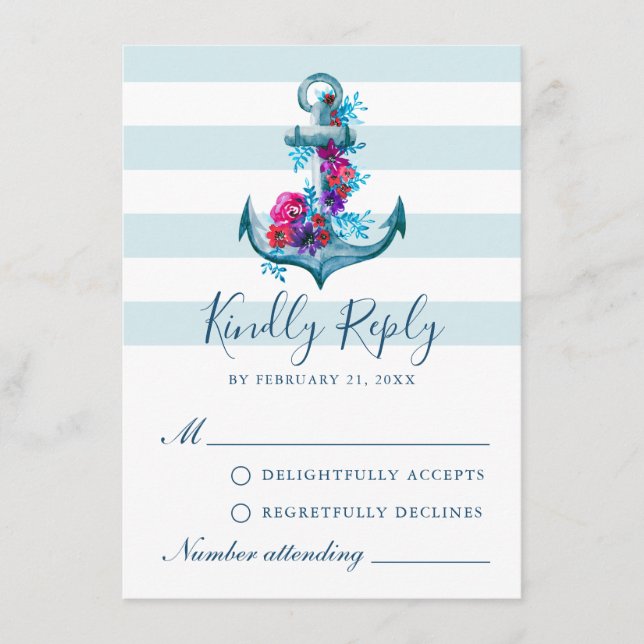 Nautic Blue Stripes Watercolor Anchor RSVP Card Hinweiskarte (Vorderseite)