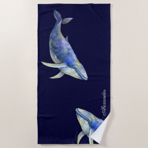 Nautic Blue Whale Watercolor Weißes Holz Name B Strandtuch
