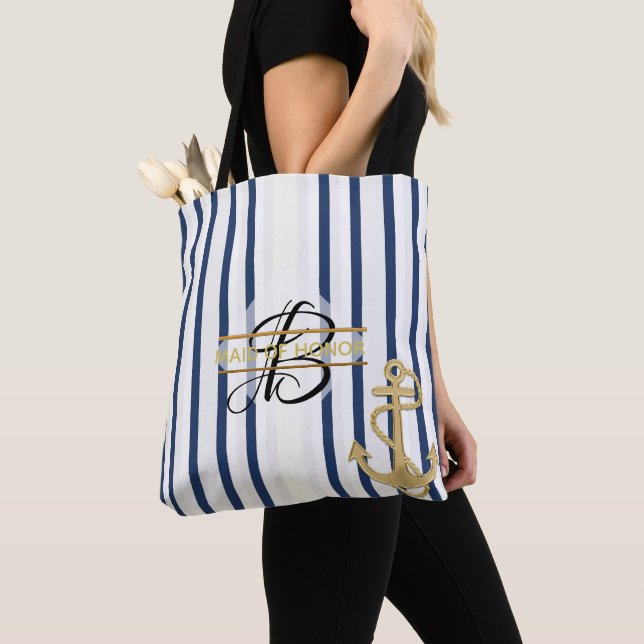 Nautic Blue White Strip MONOGRAM Tote Bag (Von Nahem)