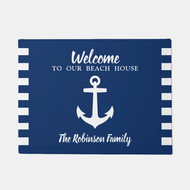 Nautic Boat Anchor Family Name Navy Beach House Fußmatte (Vorderseite)