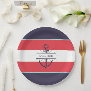 Nautic Boat Anchor Navy Blue White Pappteller