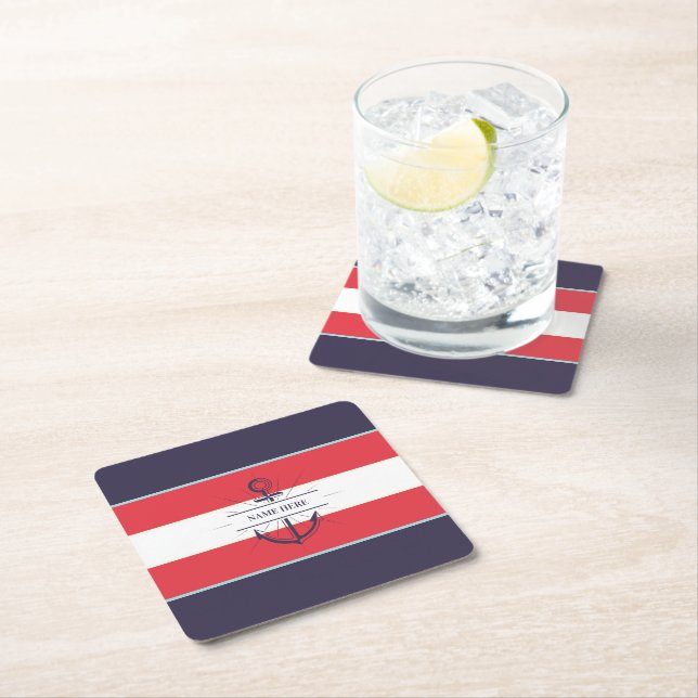 Nautic Boat Anchor Navy Blue White Rechteckiger Pappuntersetzer (Vor Ort)