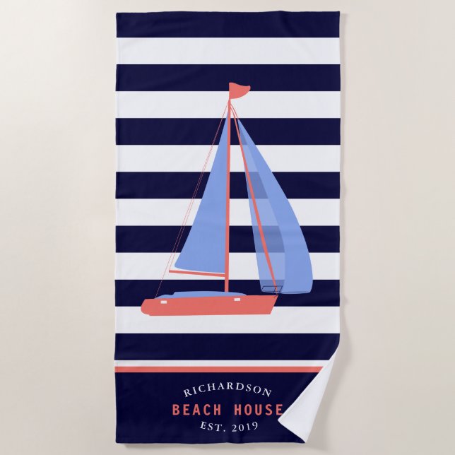 Nautic Boat Family Name Navy Blue Beach House Strandtuch (Vorderseite)