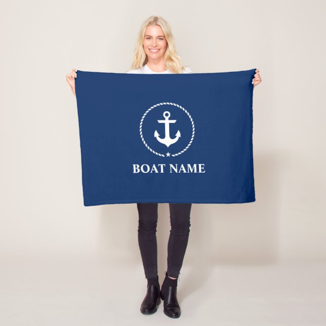 Nautic Boat Name Anchor Rope Navy Blue Fleecedecke (Beispiel)