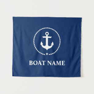 Nautic Boat Name Anchor Rope Navy Blue Wandteppich