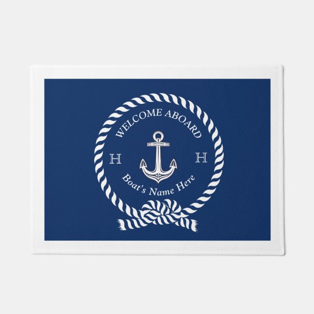 Nautic Boat Name Anchor Rope Navy Blue Willkommen Fußmatte (Vorderseite)