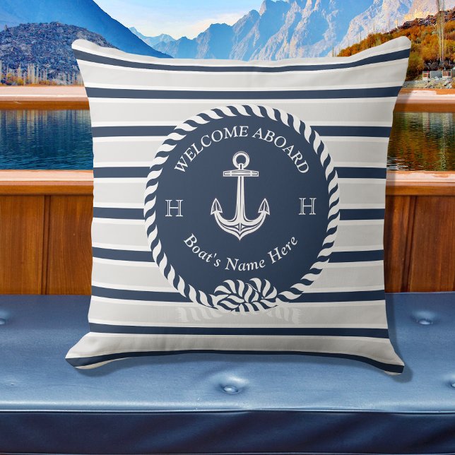 Nautic Boat Name Anchor Rope Navy Blue Willkommen Kissen (Von Creator hochgeladen)
