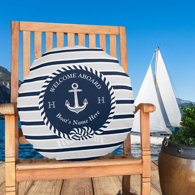 Nautic Boat Name Anchor Rope Navy Blue Willkommen Rundes Kissen (Von Creator hochgeladen)