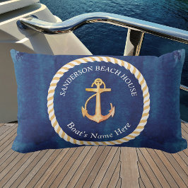 Nautic Boat Name Anchor Rope Navy Blue Yellow Kissen Für Draußen