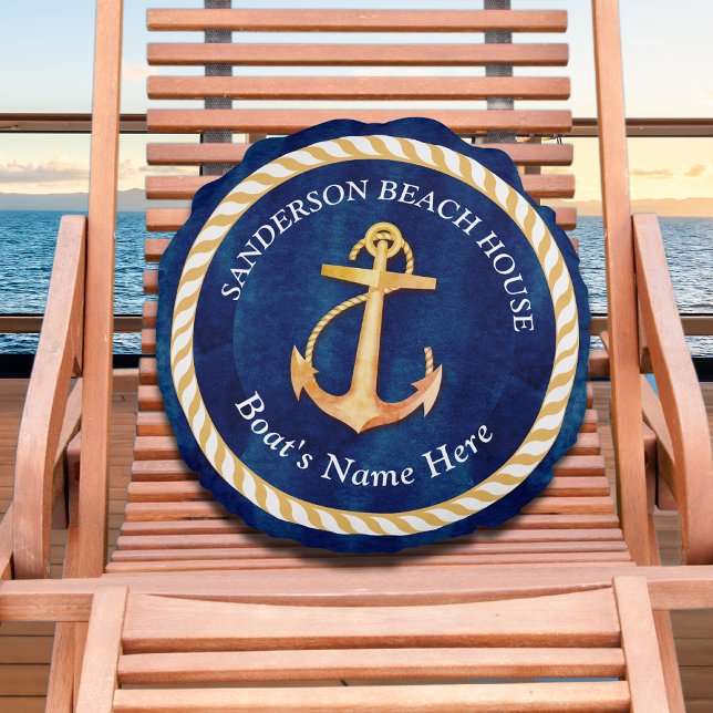 Nautic Boat Name Anchor Rope Navy Blue Yellow Rundes Kissen (Von Creator hochgeladen)