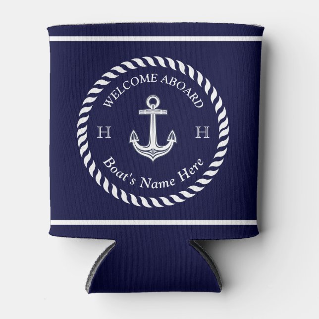 Nautic Boat Name Anchor Rope Navy White Dosenkühler (Vorderseite)