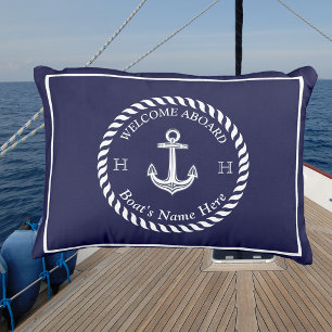 Nautic Boat Name Anchor Rope Navy White Kissen Für Draußen