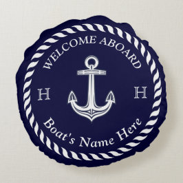 Nautic Boat Name Anchor Rope Navy White Rundes Kissen
