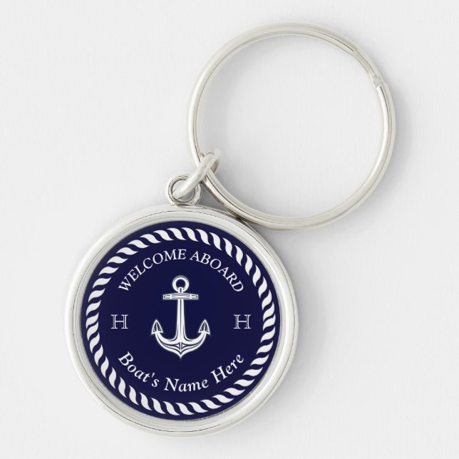 Nautic Boat Name Anchor Rope Navy White Schlüsselanhänger (Vorne)