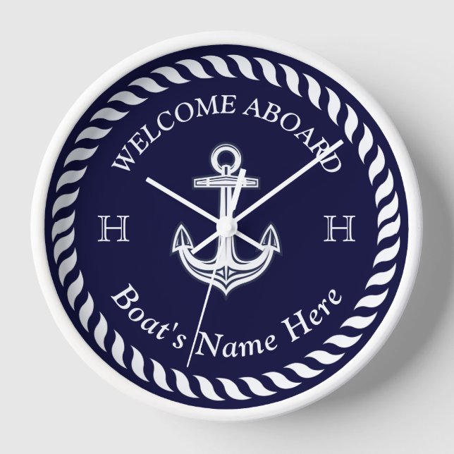 Nautic Boat Name Anchor Rope Navy White Uhr (Vorderseite)