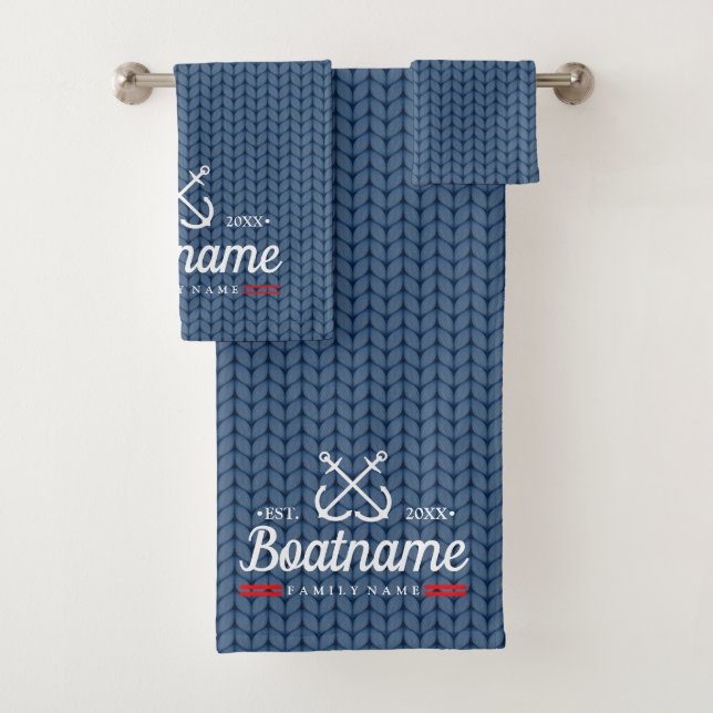 Nautic Boat Name Navy Blue Personalisiert Modern Badhandtuch Set (Insitu)