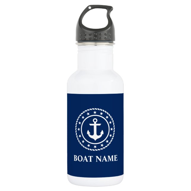 Nautic Boat Name Stars Anchor Rope Navy Blue Edelstahlflasche (Vorderseite)