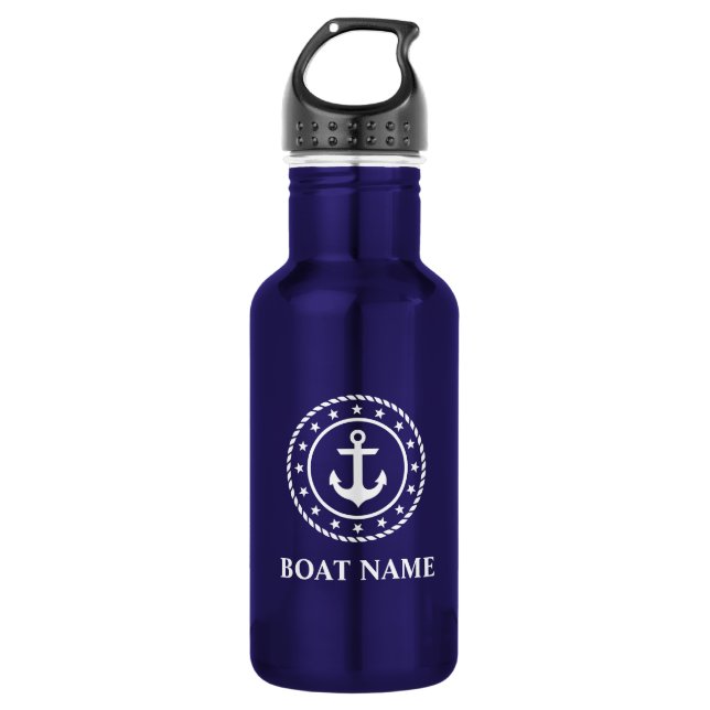 Nautic Boat Name Stars Rope Anchor Blue Edelstahlflasche (Vorderseite)