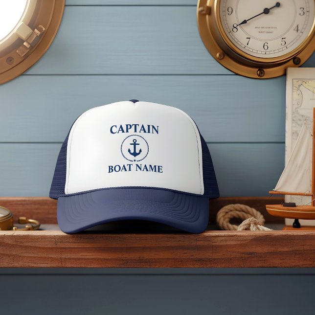 Nautic Captain Boat Name Anchor Rope Blue Truckerkappe (Customize to change text size or text style.)