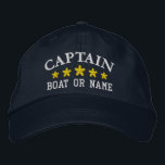 Nautic Captain Boat Name Gold Stars Navy Blue Bestickte Baseballkappe<br><div class="desc">Segeln Sie stilvoll mit einem personalisierten bestickten Hut mit Ihrem Captain Rank oder einem anderen gewünschten Titel zusammen mit Ihrem Namen oder Boat Name und fünf goldenen Sternen. Verschiedene Kappe- und Gewindelfarben zur Auswahl. Ein tolles Geschenk für Väter,  Geburtstage oder jede Gelegenheit.</div>
