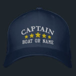 Nautic Captain Boat Name Navy Blue Gold Star Hat Bestickte Baseballkappe<br><div class="desc">Segeln Sie stilvoll mit einem personalisierten bestickten Hut mit Ihrem Captain Rank oder einem anderen gewünschten Titel zusammen mit Ihrem Namen oder Boat Name in Silber und fünf goldenen Sternen. Verschiedene Kappe- und Gewindelfarben zur Auswahl. Ein tolles Geschenk für Väter,  Geburtstage oder jede Gelegenheit.</div>