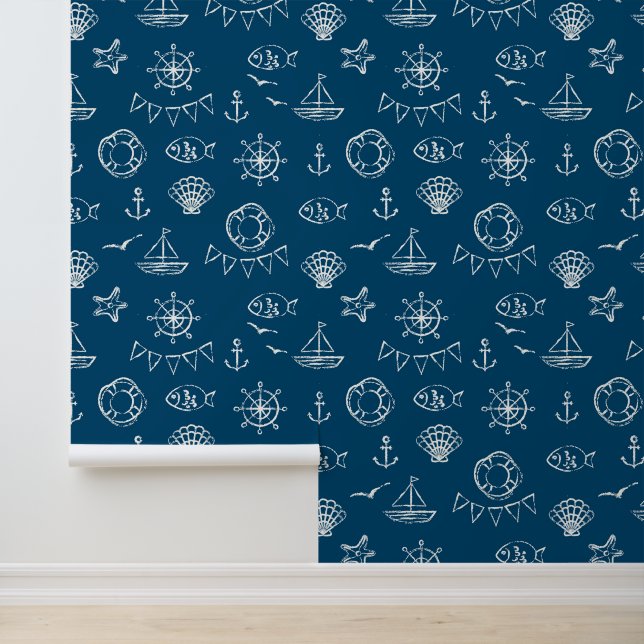 Nautic Chalk Zeichnend Muster 2 Tapete (Anwendung)